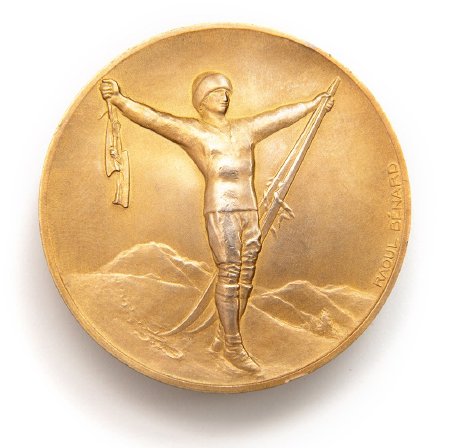 Front: Chamonix 1924 gold prize medal, victorious winter athlete