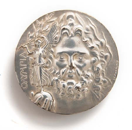 Front: Athens 1896 silver (1st) prize medal - Zeus holding goddess Nike