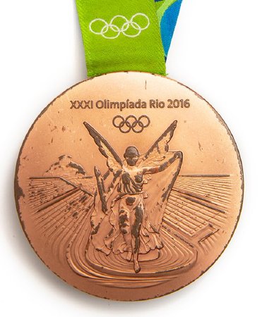 Front: Rio 2016 bronze medal, Nike in stadium, Olympic rings and legend