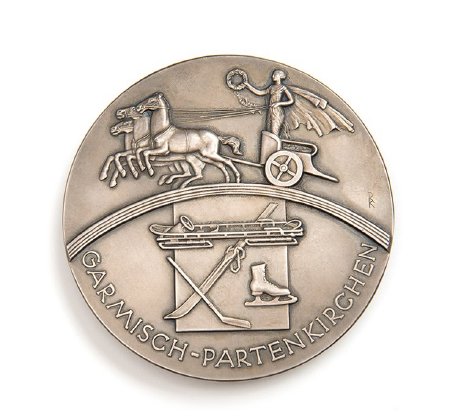Front: Garmisch 1936 silver medal, female in triga & sport equipment below