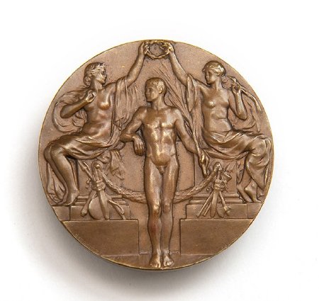 Front: Stockholm 1912 bronze medal, victorious athlete being crowned