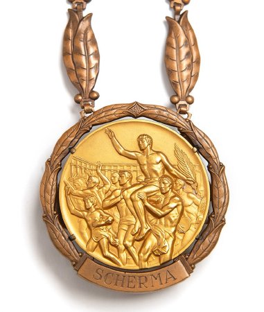 Front: Rome 1960 gold medal, Victorious athlete on shoulders, Fencing