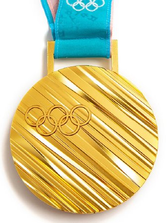 Front: PyeongChang 2018 gold medal, Olympic rings over diagonal lines