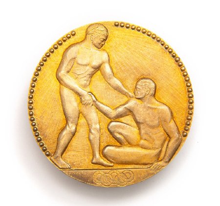 Front: 1924 Paris gold medal, athlete extending hand to fallen athlete