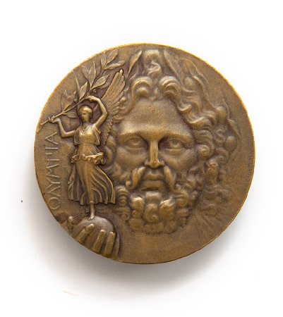 Front: Athens 1896 bronze (2nd) prize medal - Zeus holding goddess Nike
