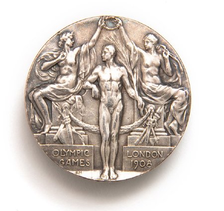 Front: London 1908 silver prize medal, victorious athlete being crowned