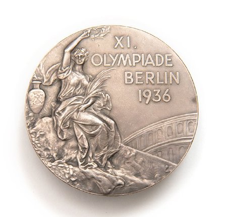 Front: Berlin 1936 silver medal, seated Nike, Colosseum in background