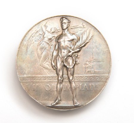 Front: Antwerp 1920 silver medal, victorious athlete with Renommee statue