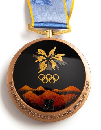 Back: Nagano bronze medal, Olympic emblem and mountains, freestyle skiing