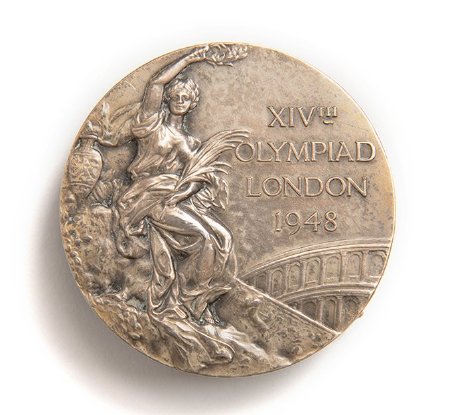Front: London 1948 silver medal, seated Nike, Colosseum in background