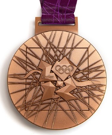 Back: London 2012 bronze medal, Games emblem over abstract design