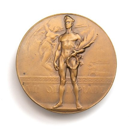 Front: Antwerp 1920 bronze medal, victorious athlete with Renommee statue
