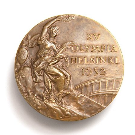 Front: Helsinki 1952 bronze medal, seated Nike, Colosseum in background