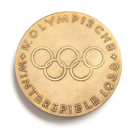 Back: Garmisch 1936 prize medals, Olympic rings within German legend