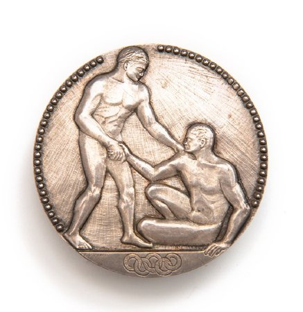 Front: 1924 Paris silver medal, athlete extending hand to fallen athlete