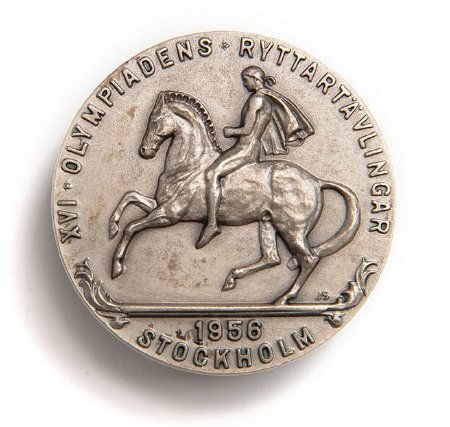 Front: Stockholm 1956 silver medal, Ancient Greek horseman and legend