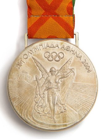 Front: Athens 2004 silver medal, Nike in Panathinaikon Stadium and legend