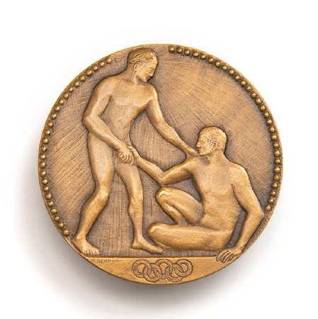 Front: 1924 Paris bronze medal, athlete extending hand to fallen athlete
