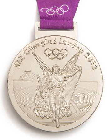 Front: London silver medal, Nike in stadium with Olympic rings and legend
