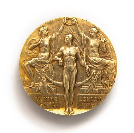 Front: London 1908 gold prize medal, victorious athlete being crowned