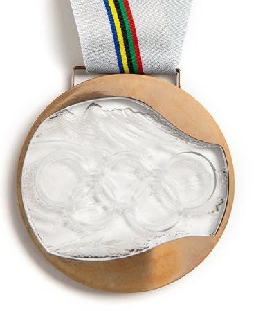 Back: Albertville 1992 prize medals, Olympic rings over alpine landscape