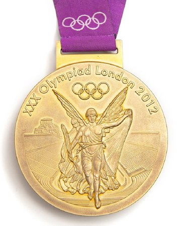 Front: London gold medal, Nike in stadium with Olympic rings and legend