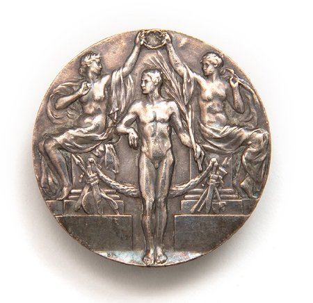 Front: Stockholm 1912 silver medal, victorious athlete being crowned