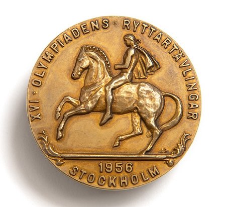Front: Stockholm 1956 gold medal, Ancient Greek horseman and legend