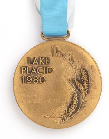 Back: Lake Placid 1980 bronze medal, legend with conifer, luge doubles
