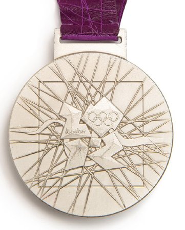 Back: London 2012 silver medal, Games emblem over abstract design