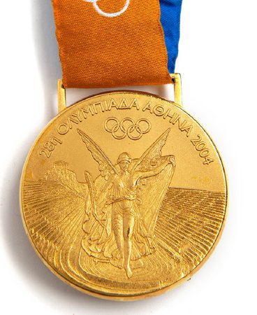 Front: Athens 2004 gold medal, Nike in Panathinaikon Stadium and legend