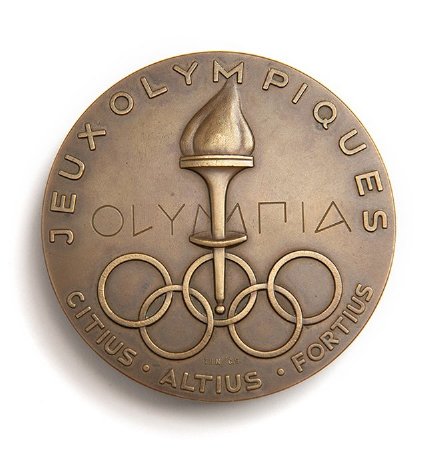Front: Oslo 1952 bronze medal, raised torch set in Olympic Rings & legend