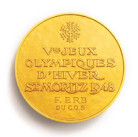 Front: St. Moritz 1948 gold medal, French legend with snow crystal