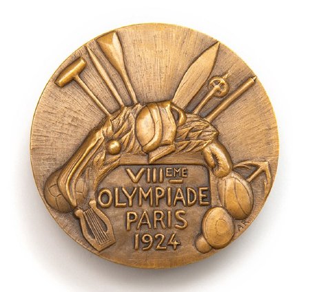 Back: Paris 1924 prize medals, sports equipment around Games legend
