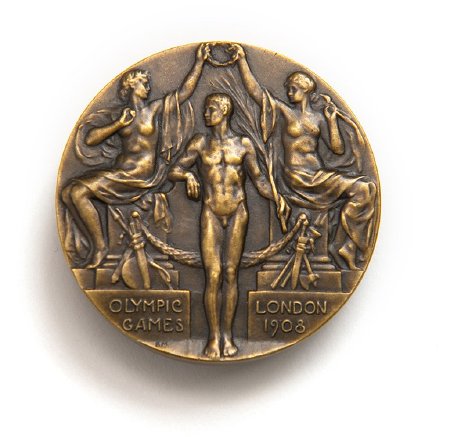 Front: London 1908 bronze prize medal, victorious athlete being crowned