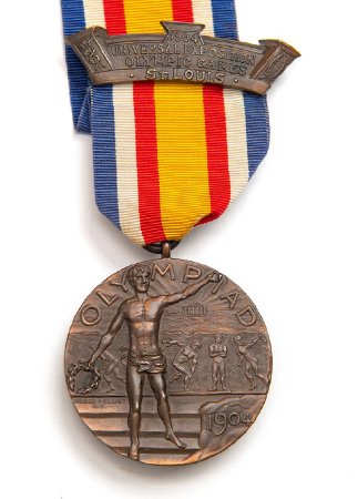 Front: St. Louis 1904 bronze medal, victorious athlete holding wreath