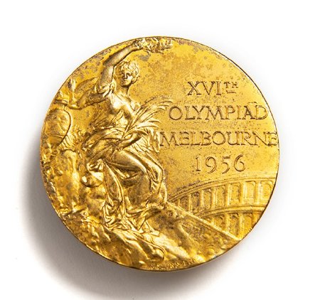 Front: Melbourne 1956 gold medal, seated Nike, Colosseum in background