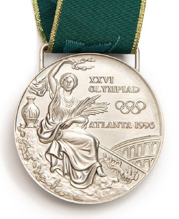 Front: Atlanta silver medal, Victory with legend, Colosseum in background