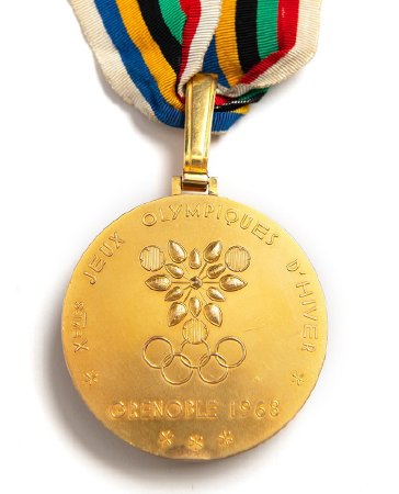 Front: Grenoble 1968 gold medal, Grenoble Olympic emblem with legend