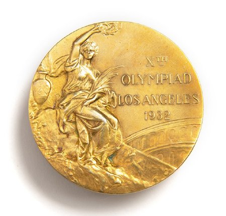 Front: Los Angeles 1932 gold medal, seated Nike, Colosseum in background
