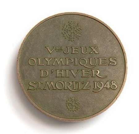 Front: St. Moritz 1948 bronze medal, French legend between snow crystals