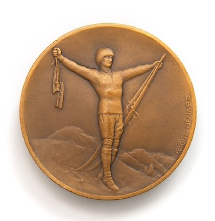 Front: Chamonix 1924 bronze prize medal, victorious winter athlete