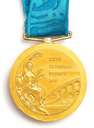 Front: Sydney 2000 gold medal, Victory with legend and Colosseum