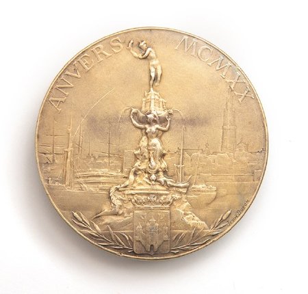 Back: Antwerp 1920 prize medals, Brabo fountain with Antwerp port