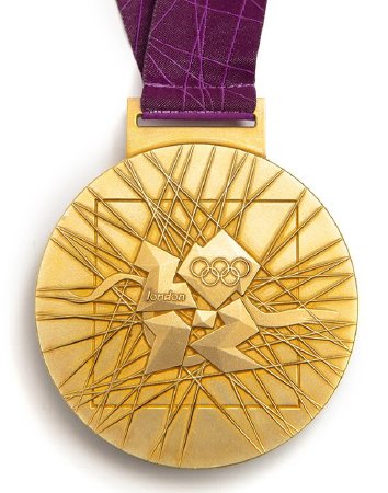 Back: London 2012 gold medal, Games emblem over abstract design