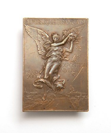 Front: Paris 1900 bronze prize plaque, Nike above Paris Exposition
