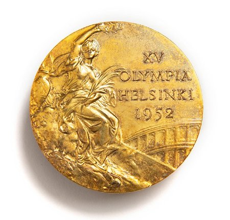 Front: Helsinki 1952 gold medal, seated Nike, Colosseum in background