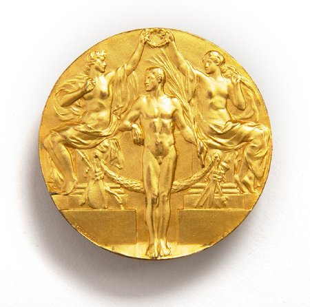 Front: Stockholm 1912 gold prize medal, victorious athlete being crowned