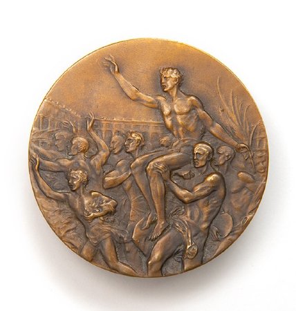 Back: Los Angeles 1932 prize medals, victorious athlete carried aloft