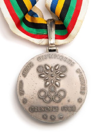 Front: Grenoble 1968 silver medal, Grenoble Olympic emblem with legend
